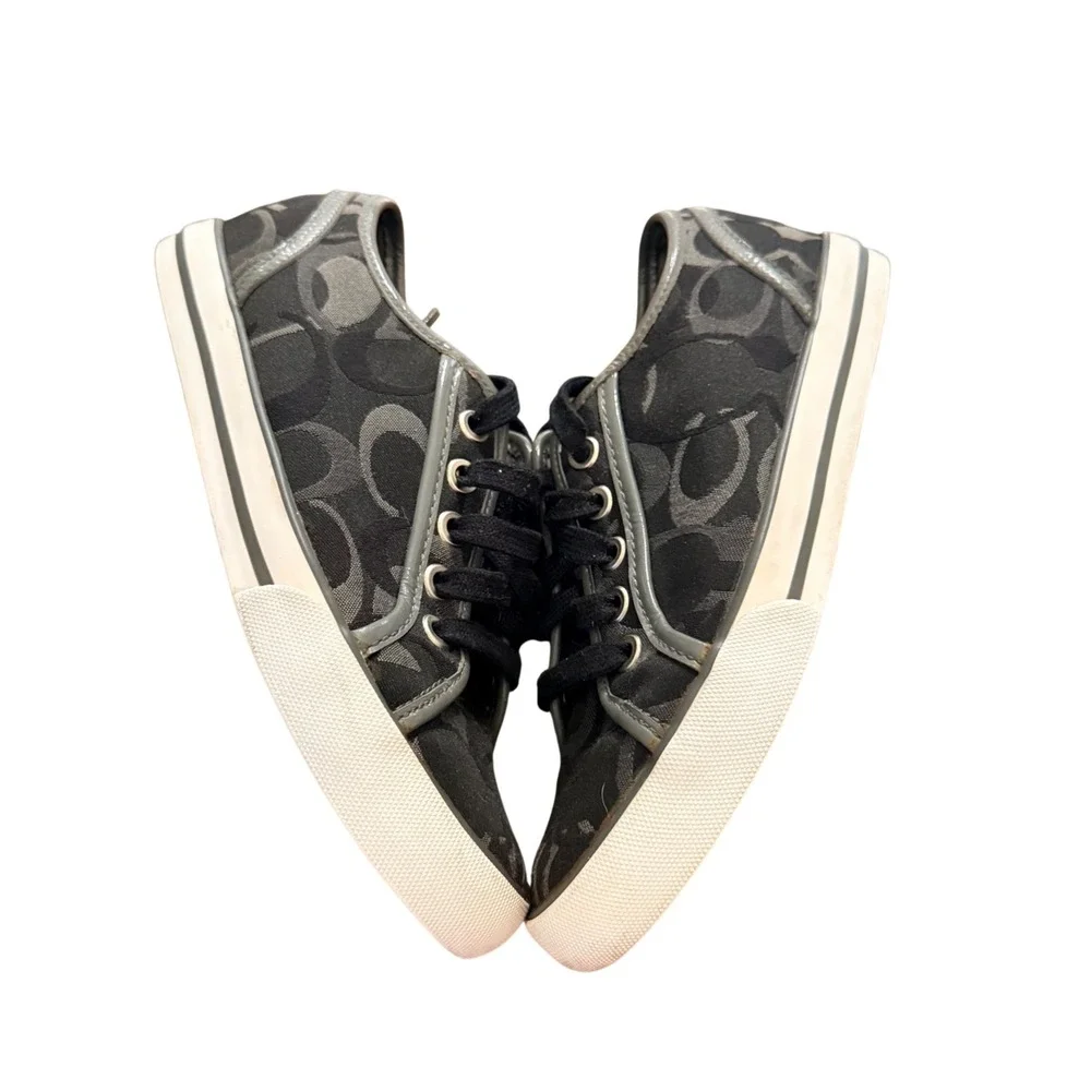 Coach Signature C Monogram Low Top Sneakers Black Grey Canvas Women Size 5 logo